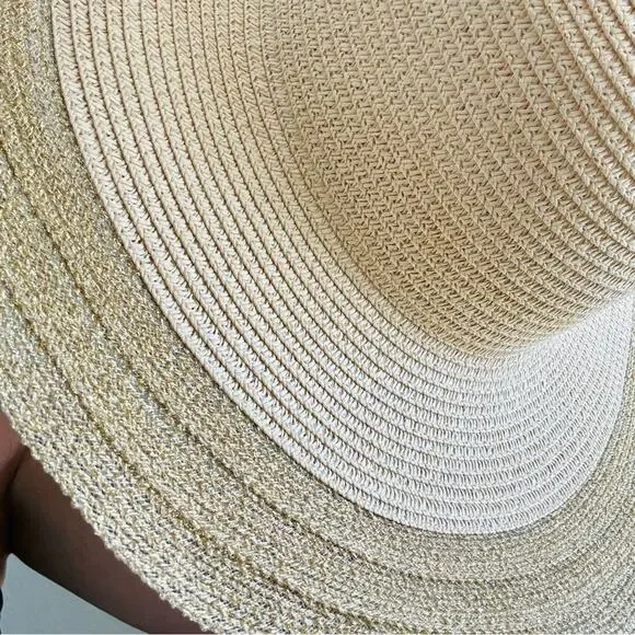 VINTAGE NORDSTROM Cream Tan Straw Wide Brim Floppy Gold Metallic Ribbon Sun Hat - Picture 7 of 10
